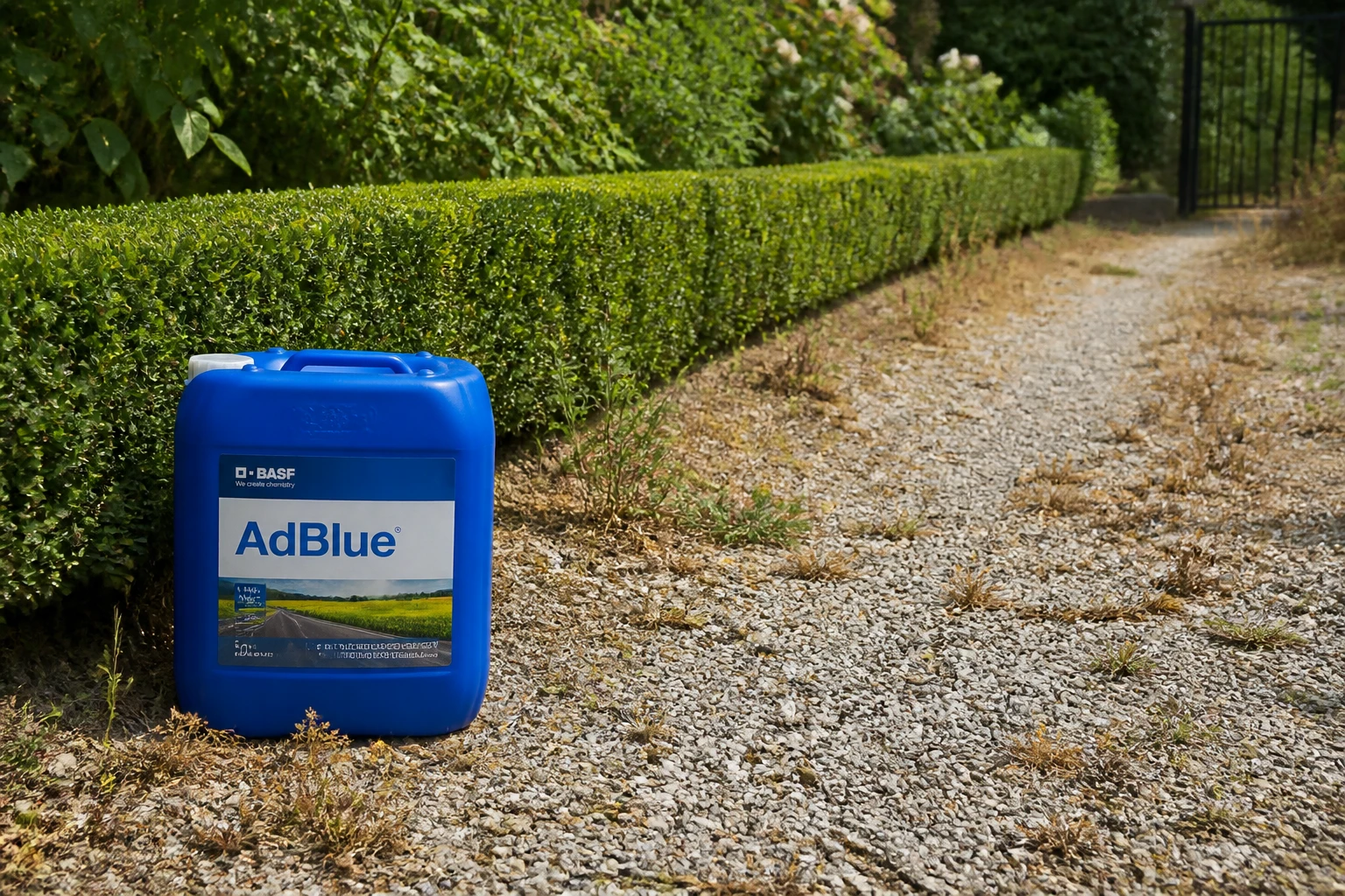 Allée de gravier avec mauvaises herbes brûlées et bidon d'AdBlue posé au sol