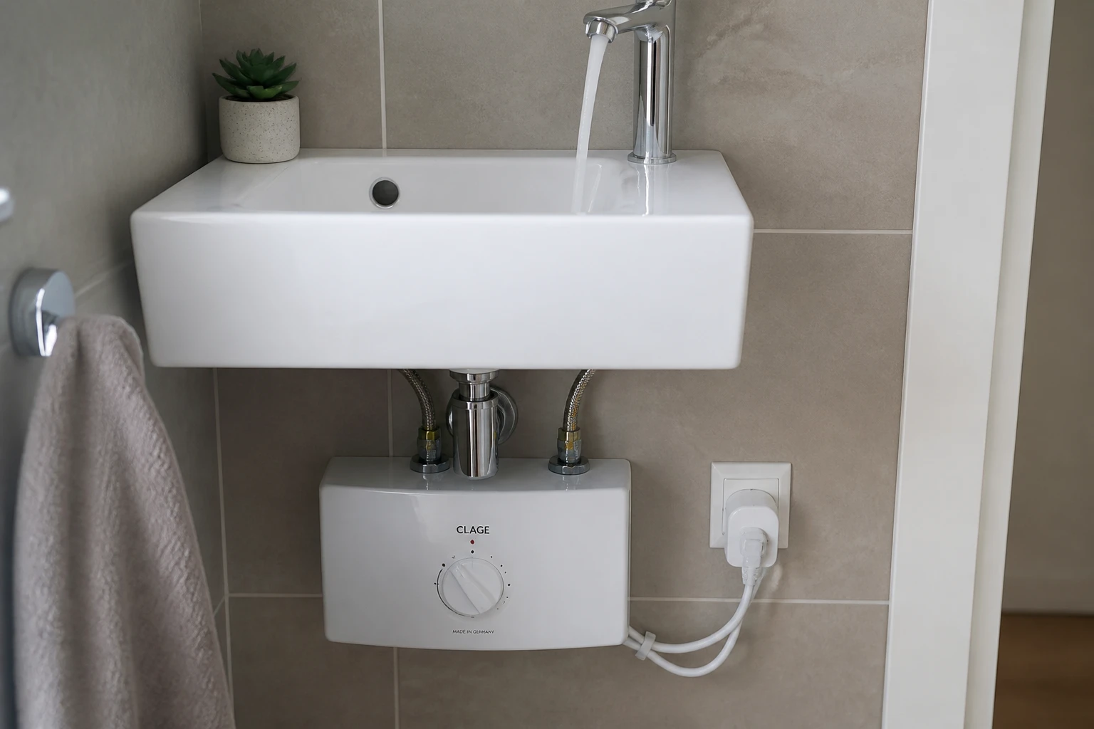 Chauffe-eau instantané électrique blanc installé sous un lave-mains avec robinet ouvert