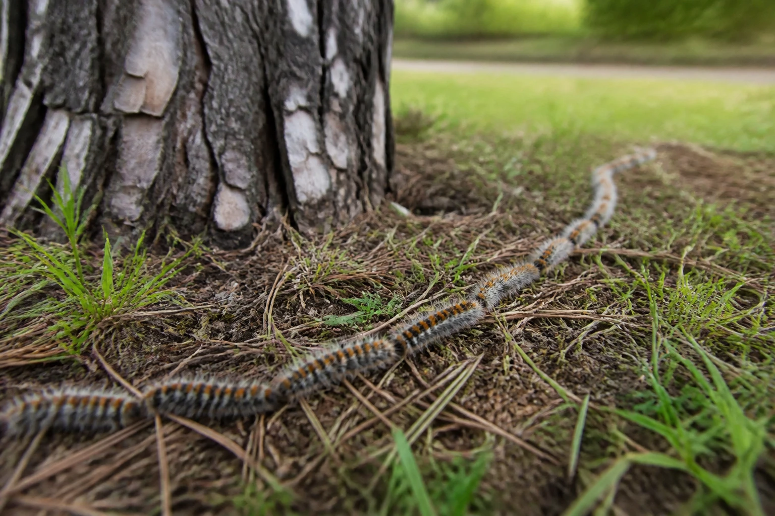 Procession de chenilles processionnaires au pied d'un pin dans un jardin, prêtes à être traitées au sol