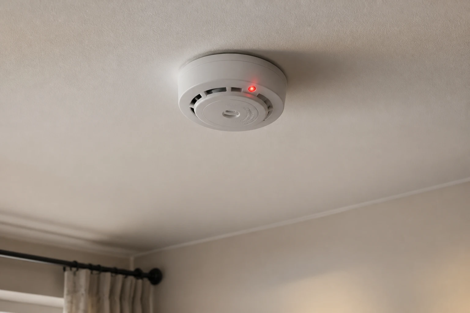 Détecteur de fumée blanc fixé au plafond d'un salon avec voyant lumineux allumé