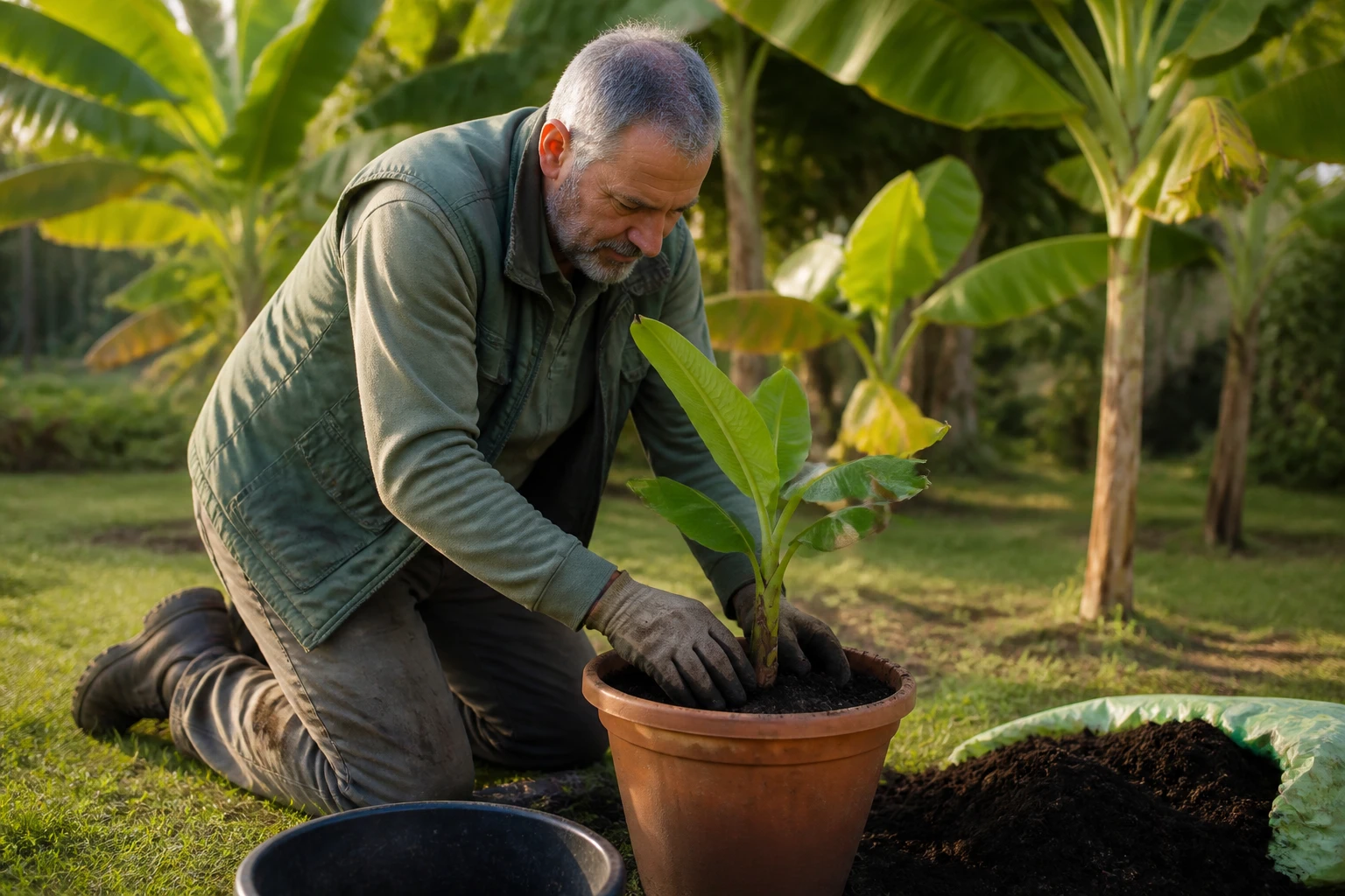 Jardinier rempotant un rejet de bananier dans un pot en terre cuite au jardin