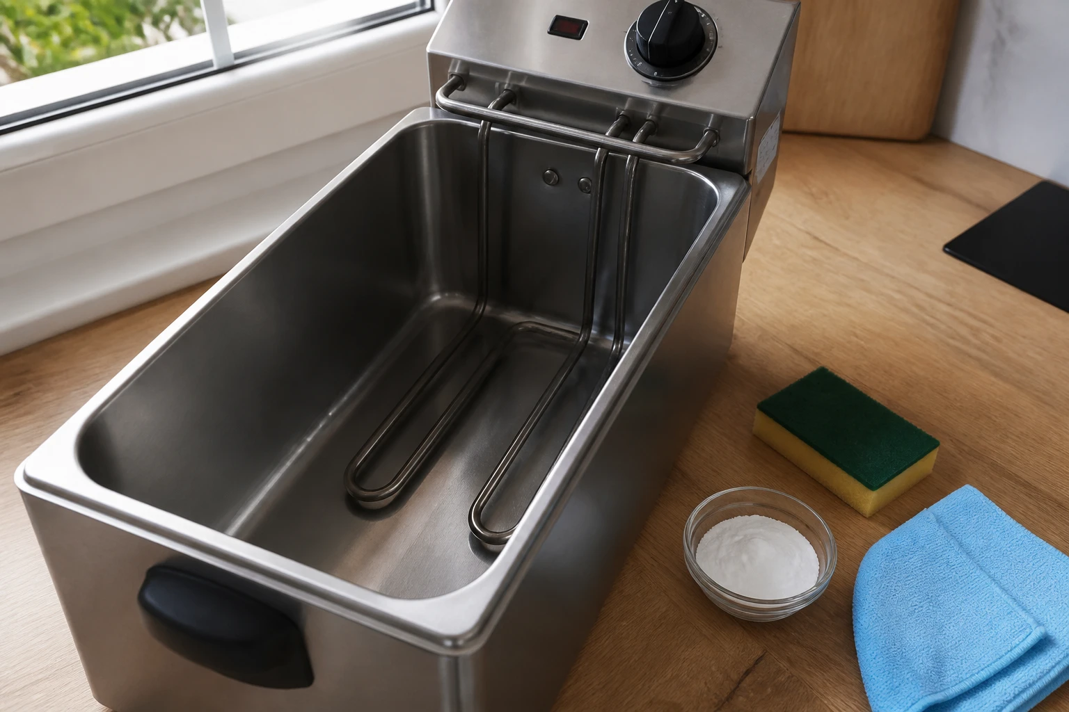 Cuve de friteuse électrique en inox nettoyée avec bicarbonate et éponge sur un plan de travail