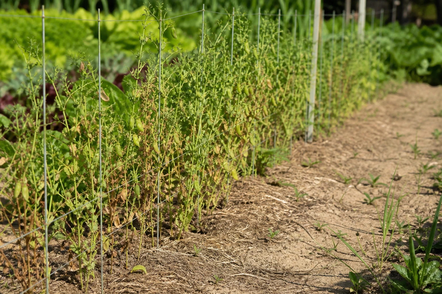 Plants de lentilles tuteurés en fin de croissance dans un potager avec gousses visibles