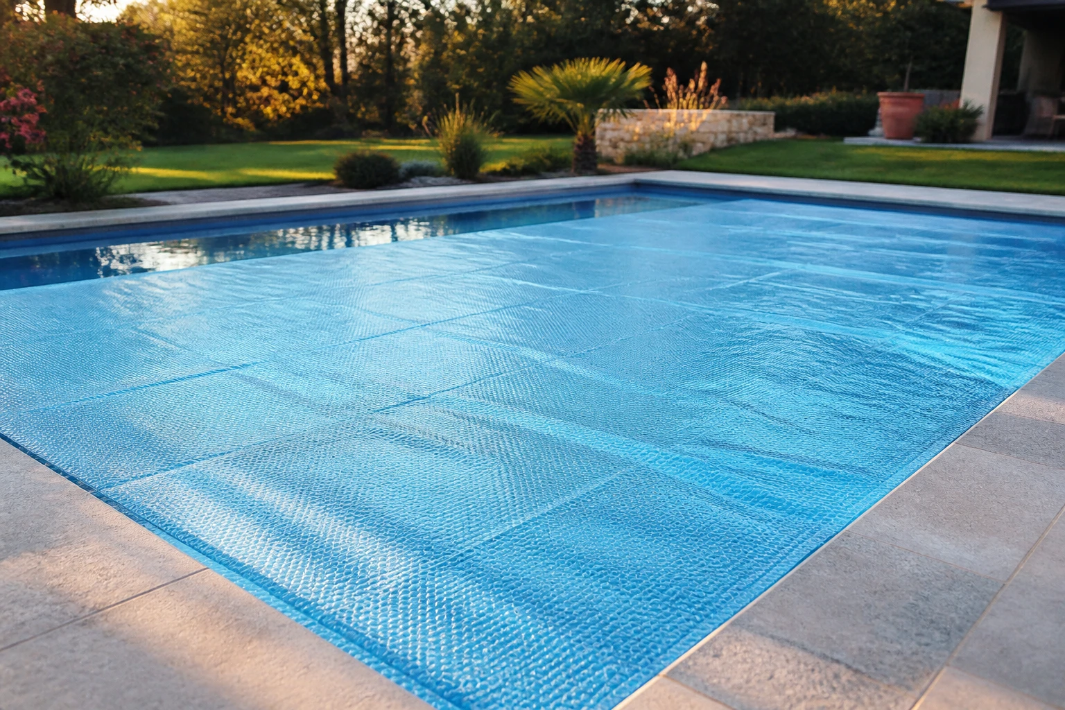 Bâche à bulles bleue posée sur une piscine rectangulaire, bulles côté eau, face lisse visible au soleil