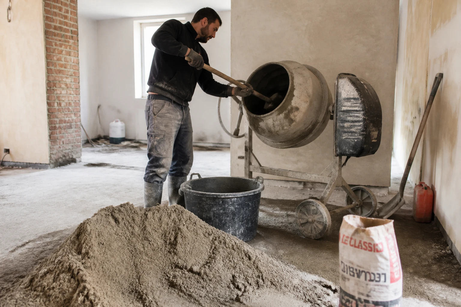 Artisan mélangeant le dosage d'une chape maigre à la bétonnière sur un chantier