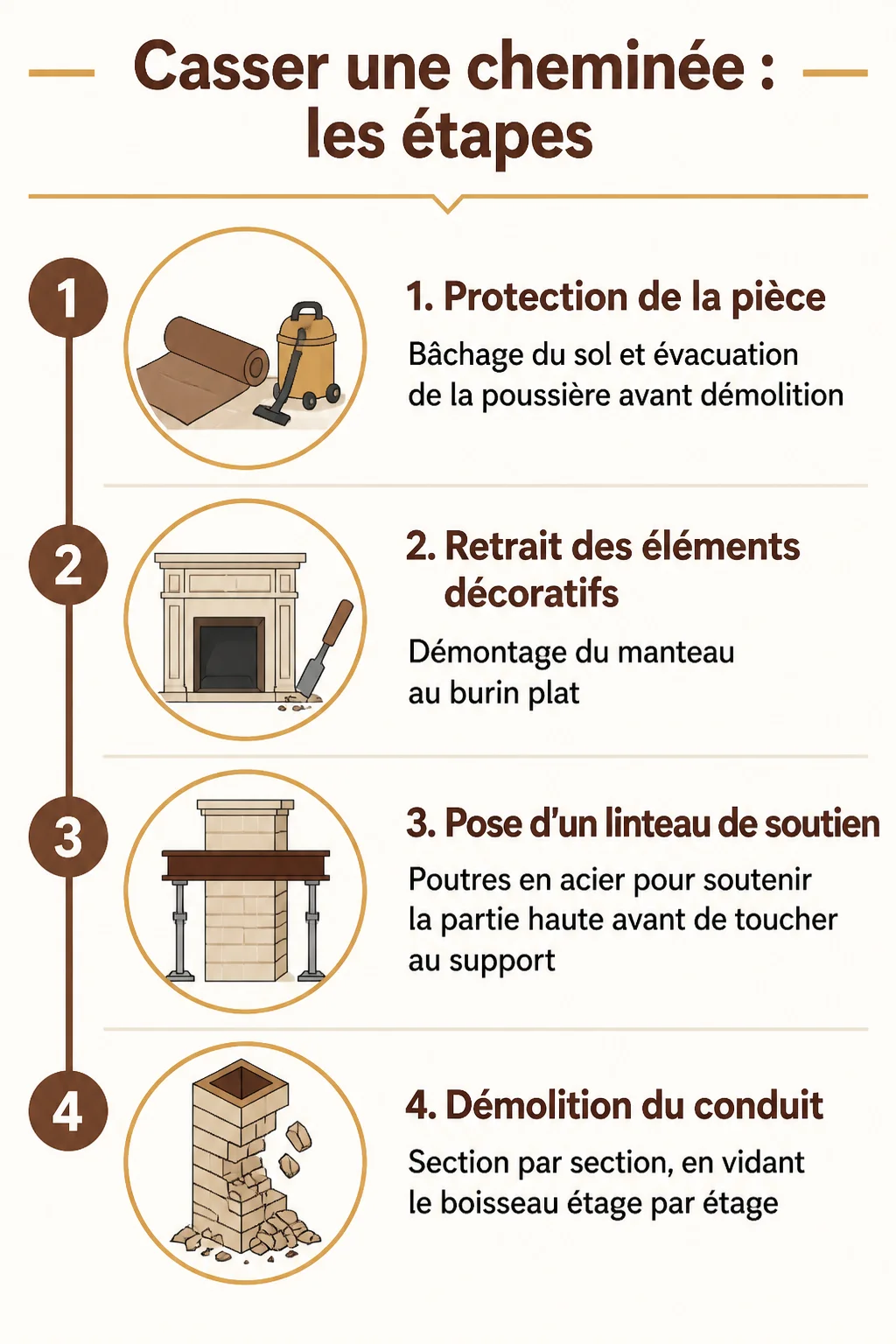 Casser une cheminée : les étapes : 1. Protection de la pièce, 2. Retrait des éléments décoratifs, 3. Pose d'un linteau de soutien, 4. Démolition du conduit