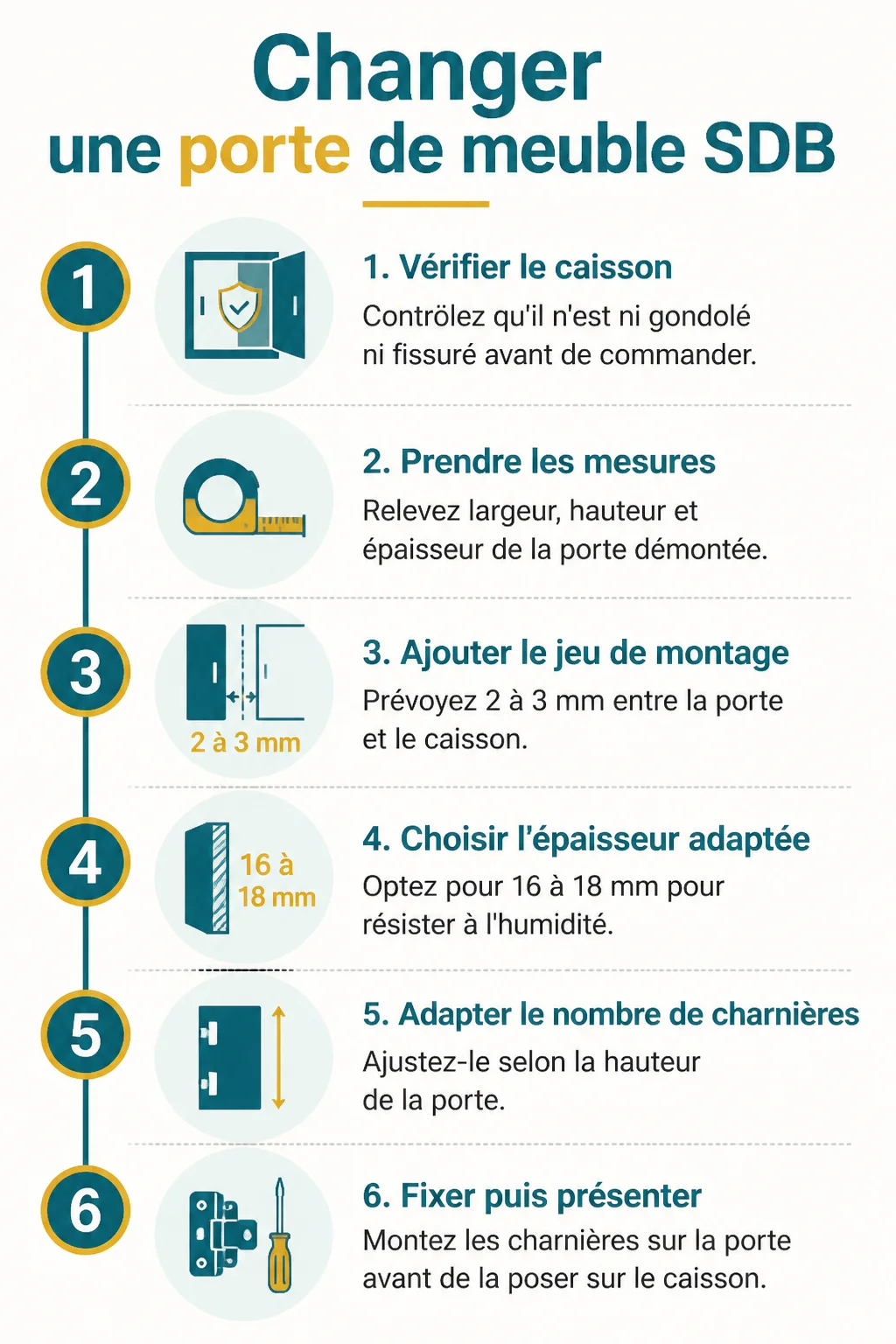 Changer une porte de meuble SDB : 1. Vérifier le caisson, 2. Prendre les mesures, 3. Ajouter le jeu de montage, 4. Choisir l'épaisseur adaptée, 5. Adapter le nombre de charnières, 6. Fixer puis présenter