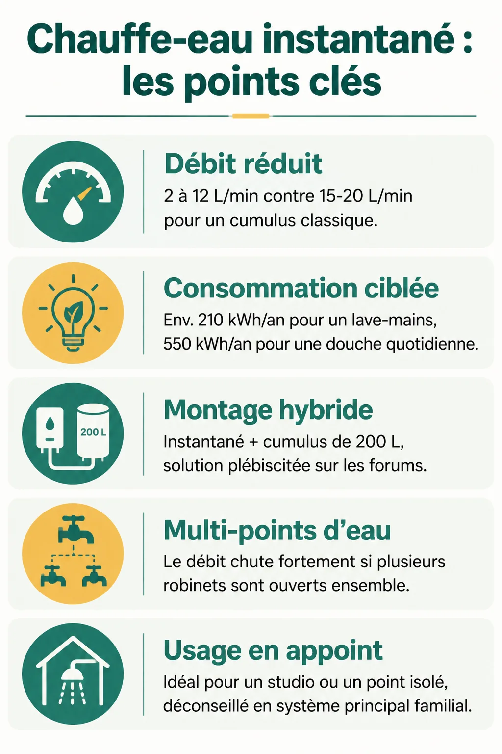 Chauffe-eau instantané : les points clés : Débit réduit, Consommation ciblée, Montage hybride, Multi-points d'eau, Usage en appoint