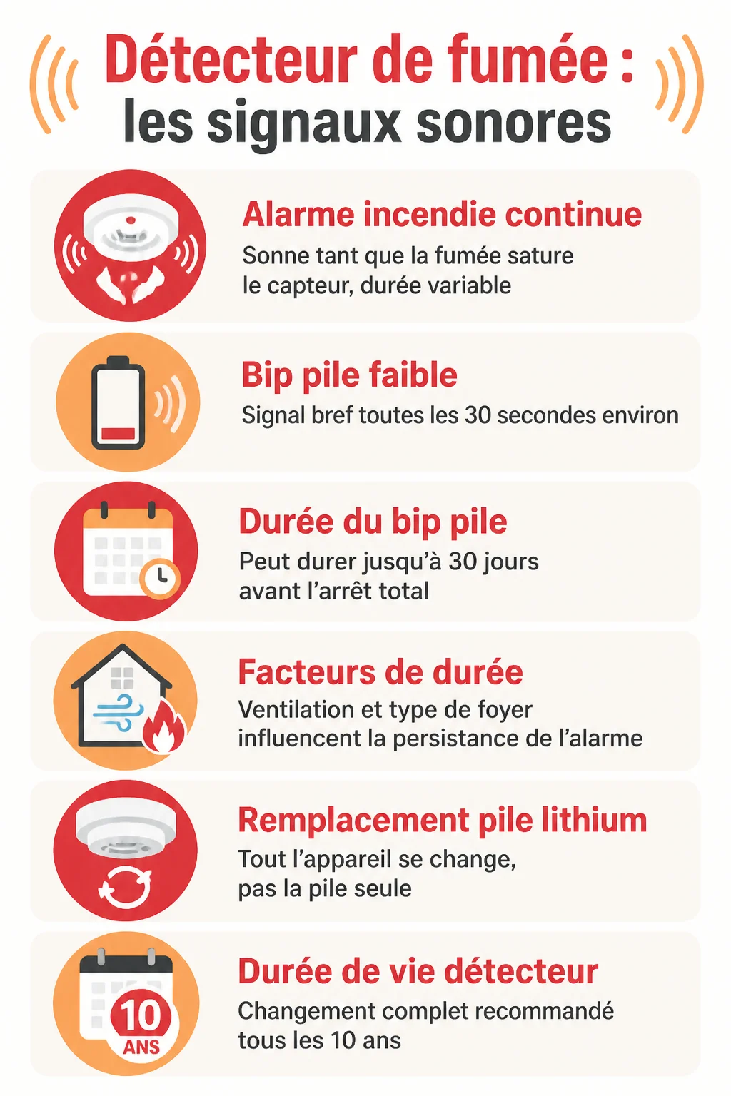 Détecteur de fumée : les signaux sonores : Alarme incendie continue, Bip pile faible, Durée du bip pile, Facteurs de durée, Remplacement pile lithium, Durée de vie détecteur