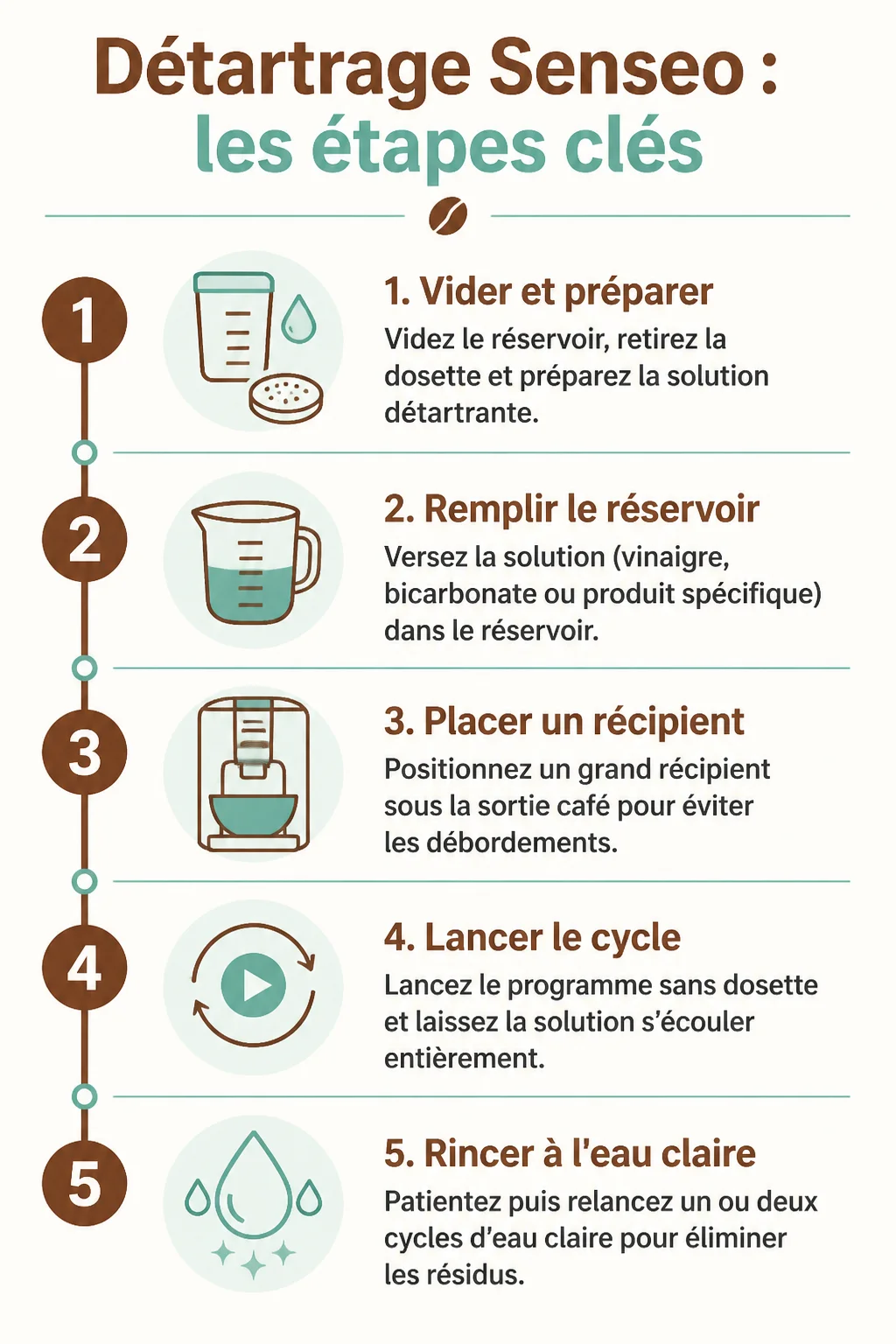 Détartrage Senseo : les étapes clés : 1. Vider et préparer, 2. Remplir le réservoir, 3. Placer un récipient, 4. Lancer le cycle, 5. Rincer à l'eau claire