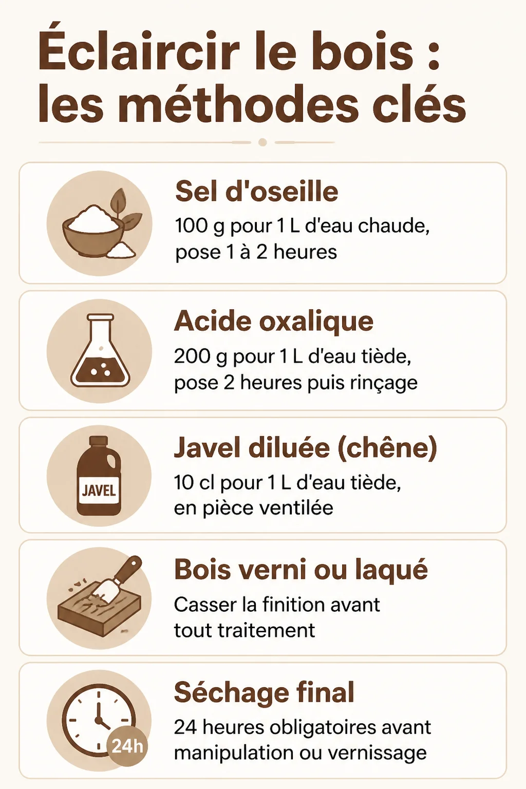 Éclaircir le bois : les méthodes clés : Sel d'oseille, Acide oxalique, Javel diluée (chêne), Bois verni ou laqué, Séchage final