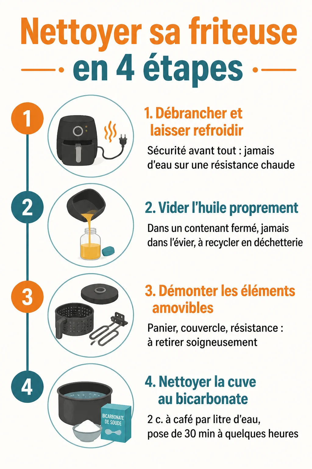 Nettoyer sa friteuse en 4 étapes : 1. Débrancher et laisser refroidir, 2. Vider l'huile proprement, 3. Démonter les éléments amovibles, 4. Nettoyer la cuve au bicarbonate