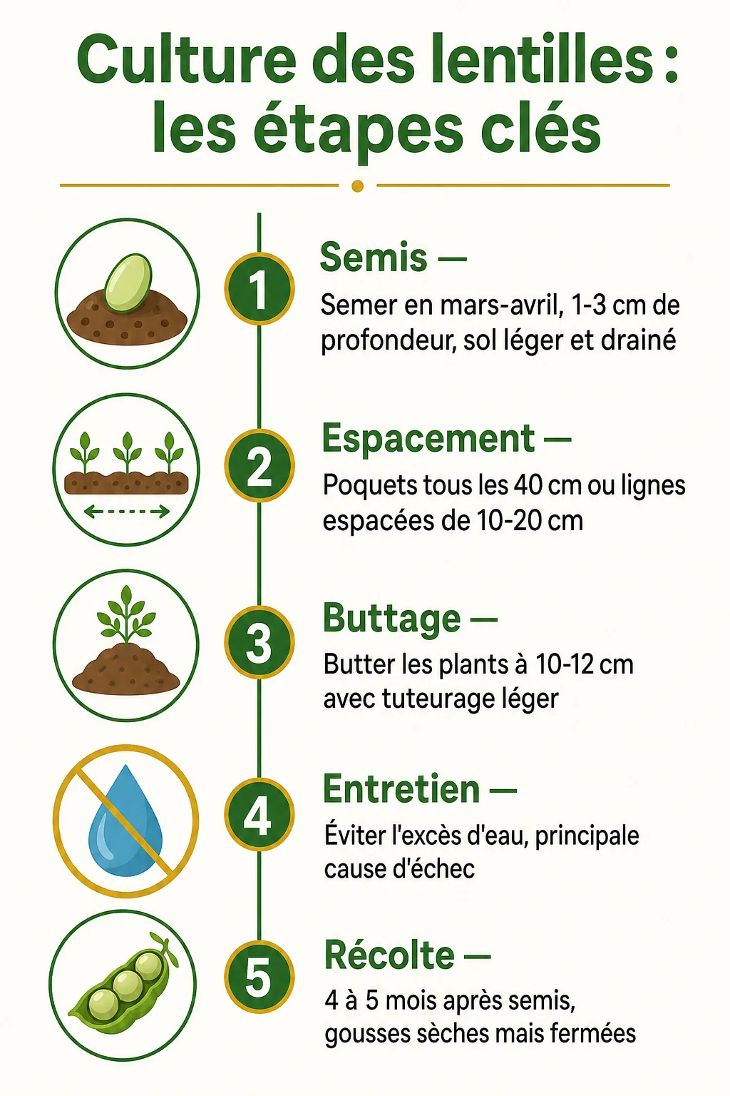 Culture des lentilles : les étapes clés : 1. Semis, 2. Espacement, 3. Buttage, 4. Entretien, 5. Récolte