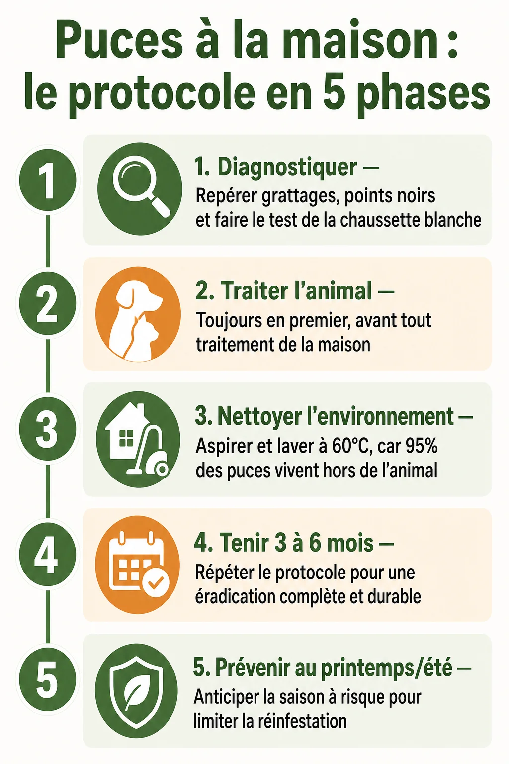 Puces à la maison : le protocole en 5 phases : 1. Diagnostiquer, 2. Traiter l'animal, 3. Nettoyer l'environnement, 4. Tenir 3 à 6 mois, 5. Prévenir au printemps/été