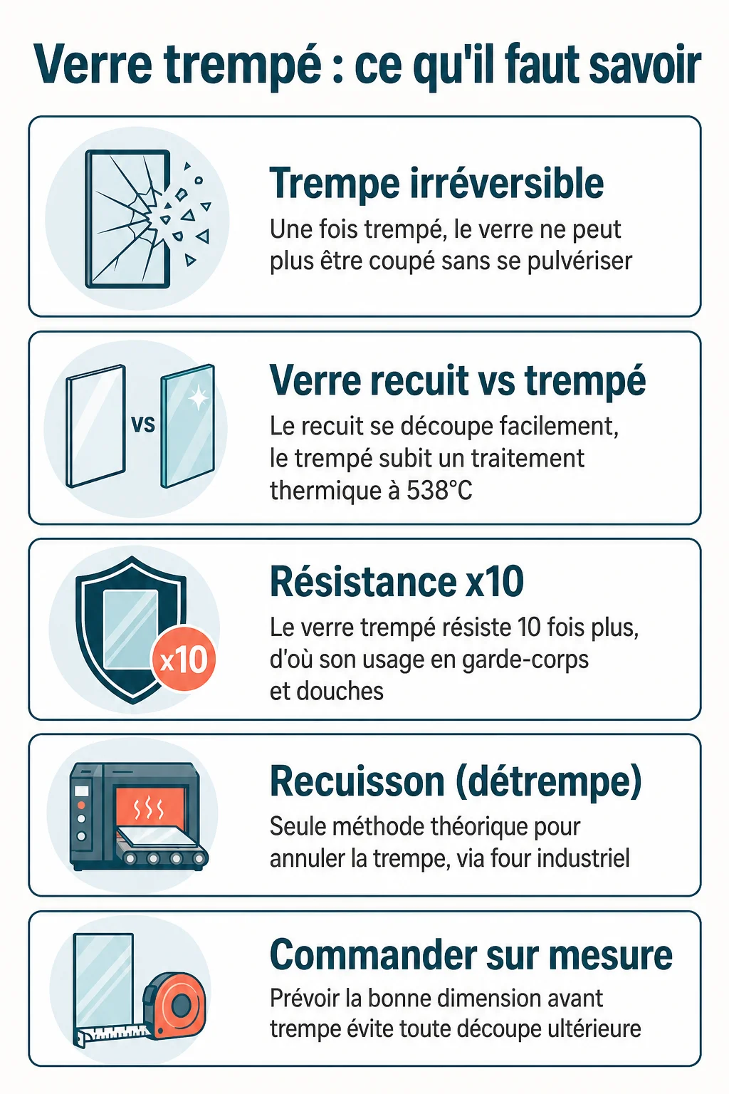 Verre trempé : ce qu'il faut savoir : Trempe irréversible, Verre recuit vs trempé, Résistance x10, Recuisson (détrempe), Commander sur mesure