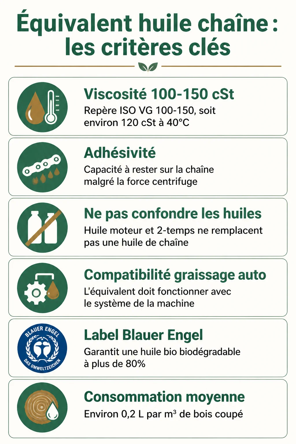 Équivalent huile chaîne : les critères clés : Viscosité 100-150 cSt, Adhésivité, Ne pas confondre les huiles, Compatibilité graissage auto, Label Blauer Engel, Consommation moyenne