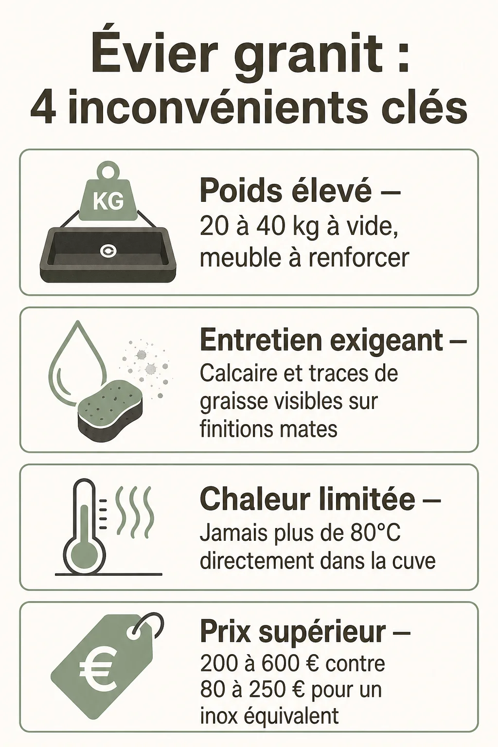 Évier granit : 4 inconvénients clés : Poids élevé, Entretien exigeant, Chaleur limitée, Prix supérieur