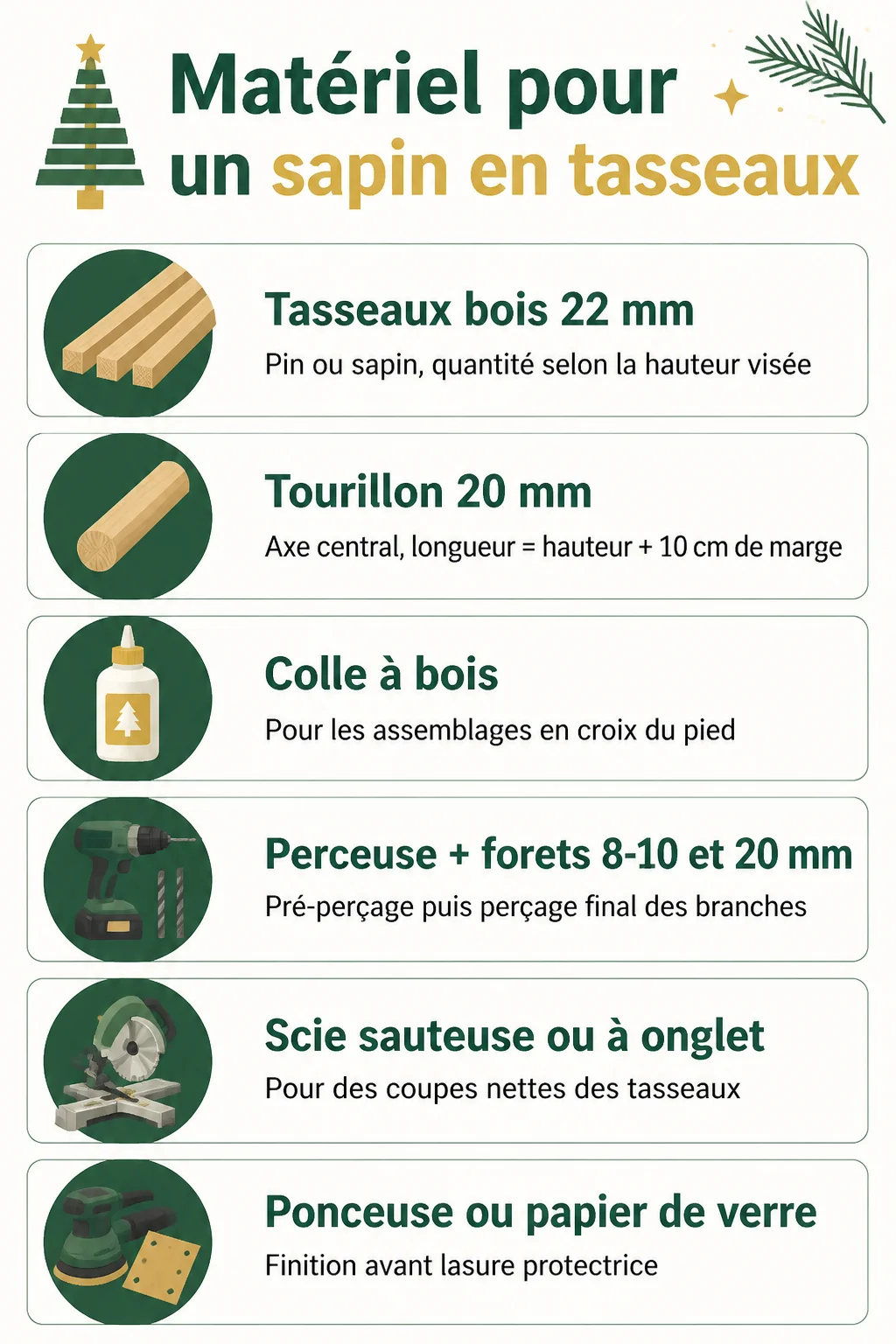 Matériel pour un sapin en tasseaux : Tasseaux bois 22 mm, Tourillon 20 mm, Colle à bois, Perceuse + forets 8-10 et 20 mm, Scie sauteuse ou à onglet, Ponceuse ou papier de verre