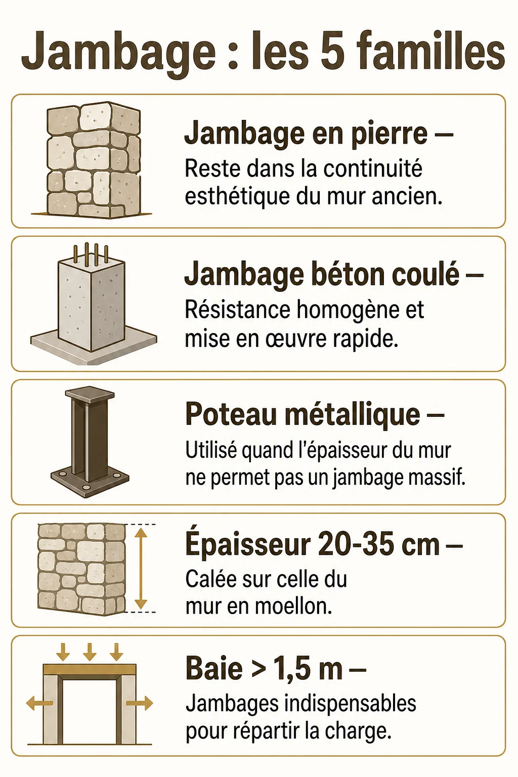 Jambage : les 5 familles : Jambage en pierre, Jambage béton coulé, Poteau métallique, Épaisseur 20-35 cm, Baie > 1,5 m » class= »wp-image-133&Prime;/></figure>



<h2 class=