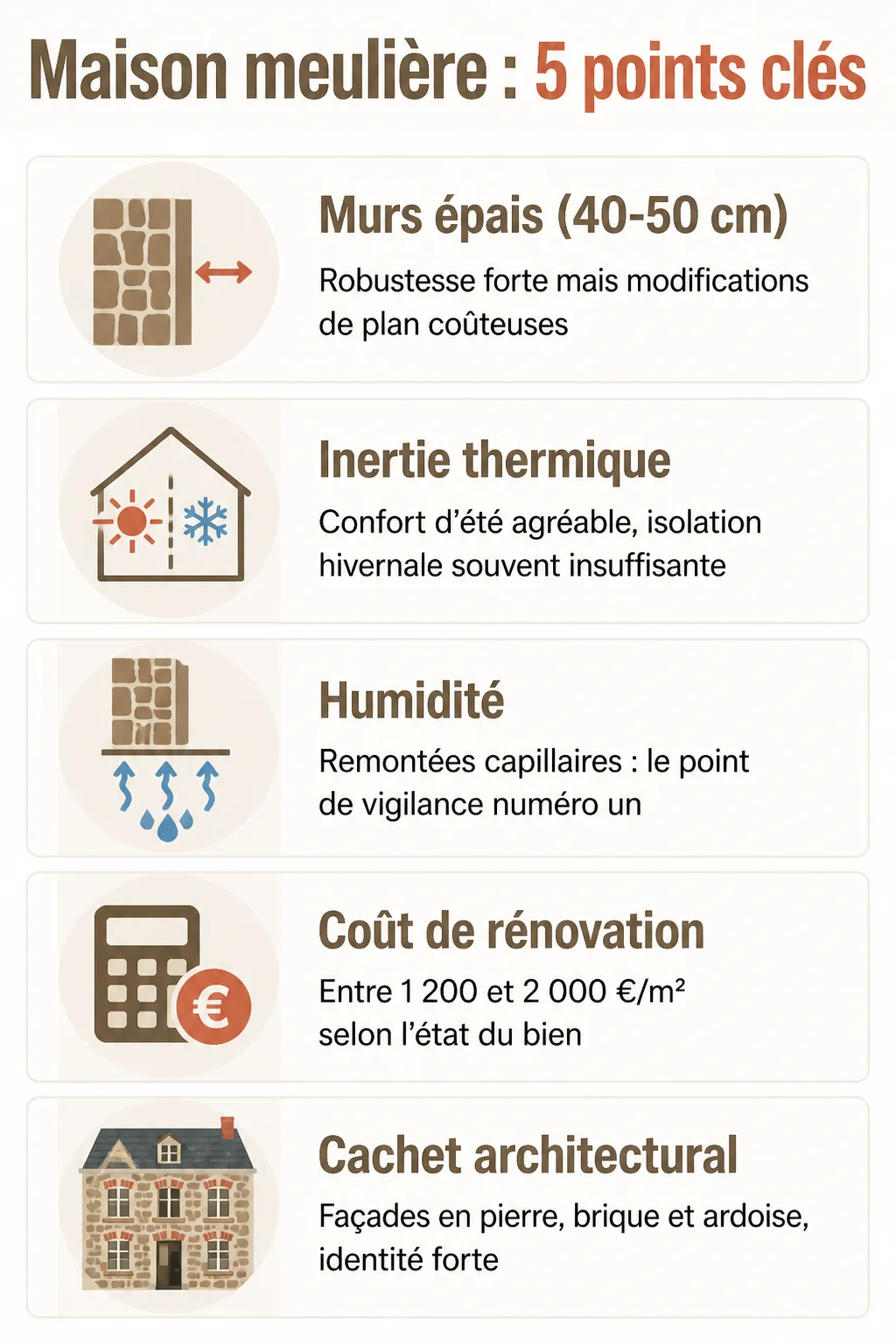 Maison meulière : 5 points clés : Murs épais (40-50 cm), Inertie thermique, Humidité, Coût de rénovation, Cachet architectural