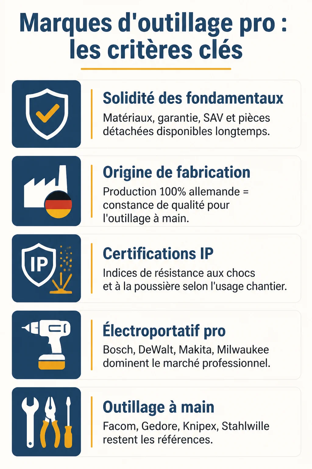 Marques d'outillage pro : les critères clés : Solidité des fondamentaux, Origine de fabrication, Certifications IP, Électroportatif pro, Outillage à main