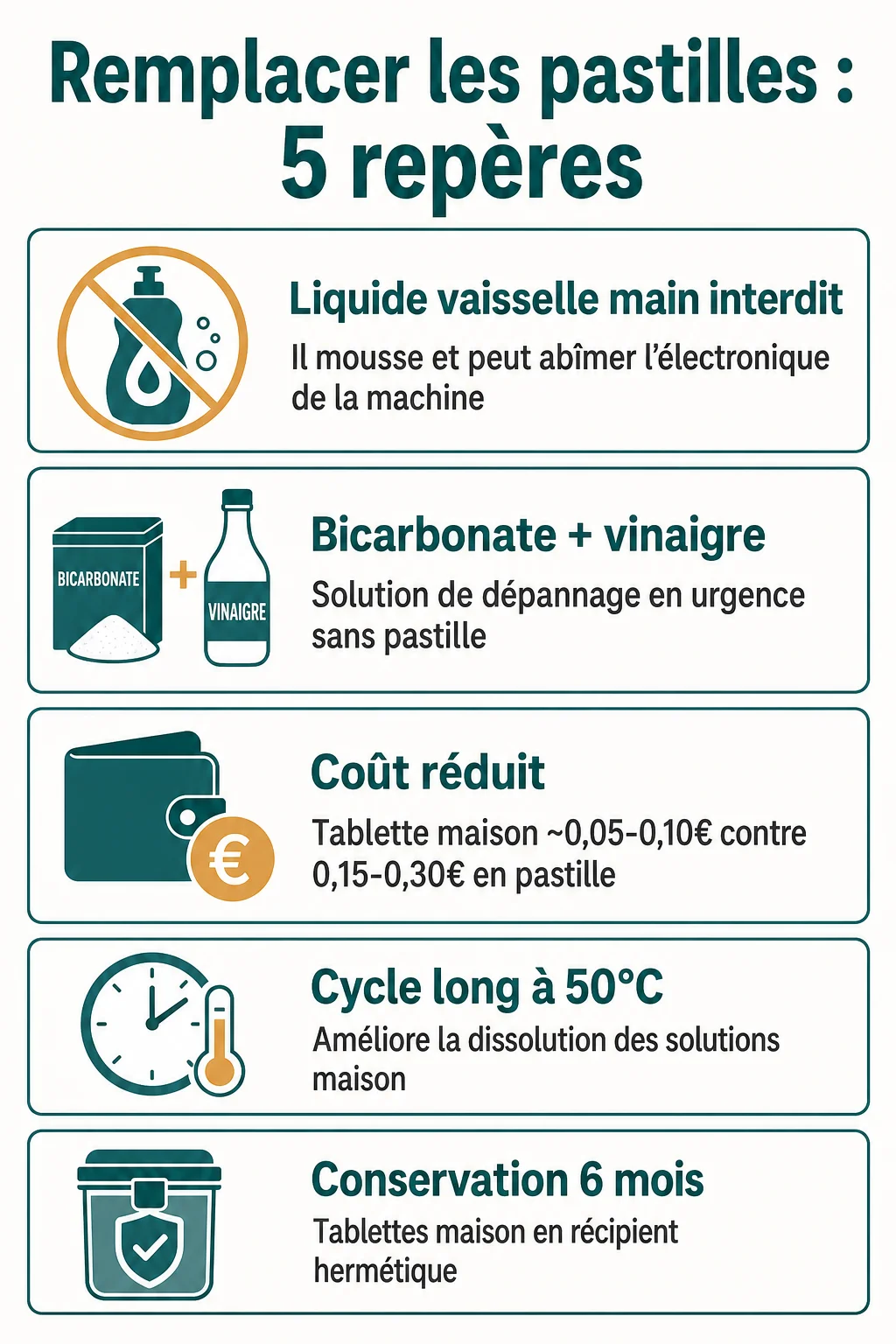 Remplacer les pastilles : 5 repères : Liquide vaisselle main interdit, Bicarbonate + vinaigre, Coût réduit, Cycle long à 50°C, Conservation 6 mois