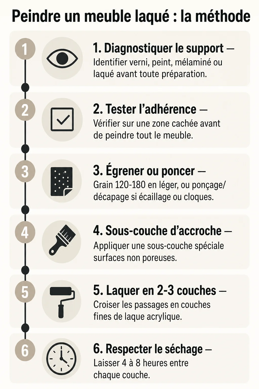 Peindre un meuble laqué : la méthode : 1. Diagnostiquer le support, 2. Tester l'adhérence, 3. Égrener ou poncer, 4. Sous-couche d'accroche, 5. Laquer en 2-3 couches, 6. Respecter le séchage