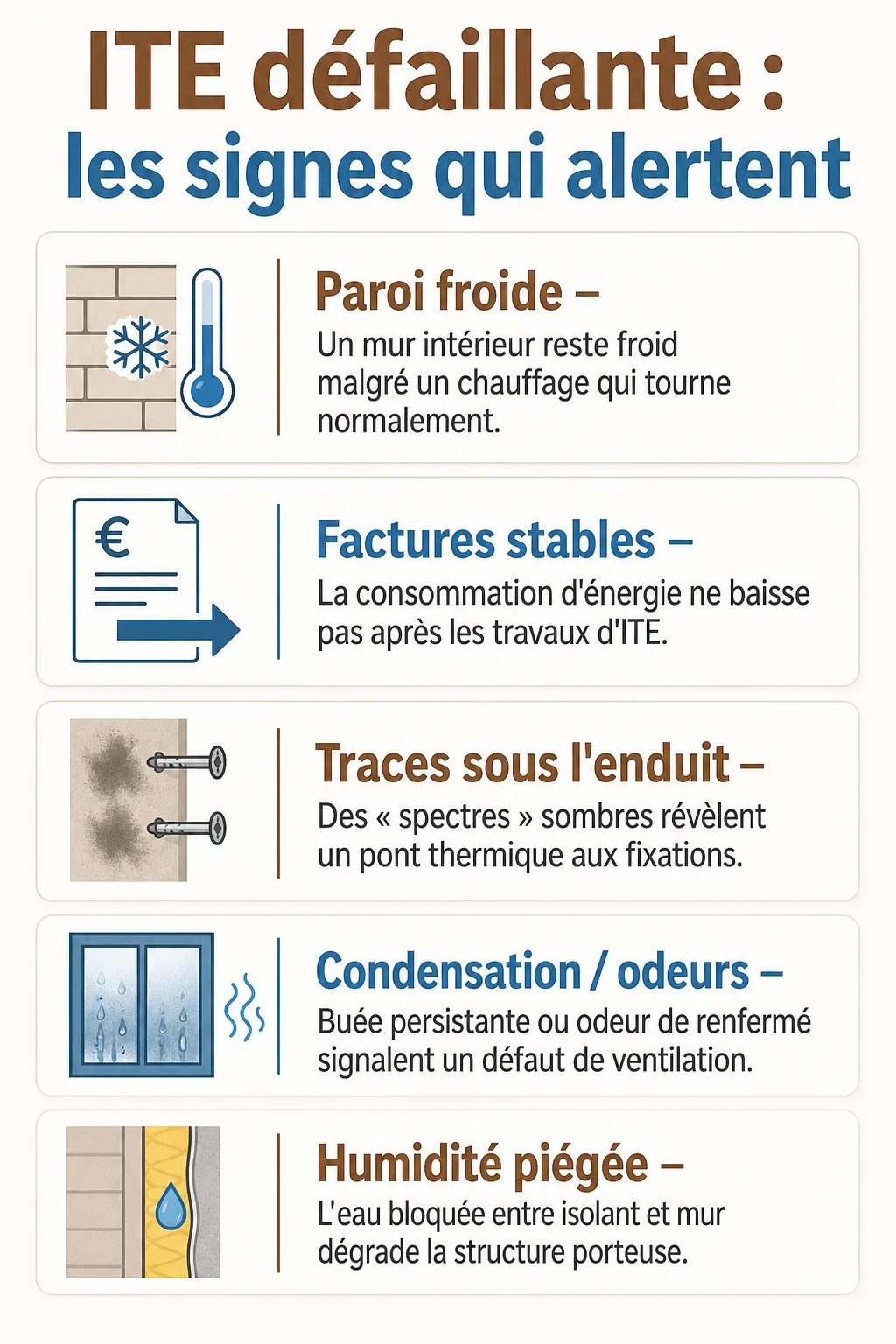 ITE défaillante : les signes qui alertent : Paroi froide, Factures stables, Traces sous l'enduit, Condensation / odeurs, Humidité piégée