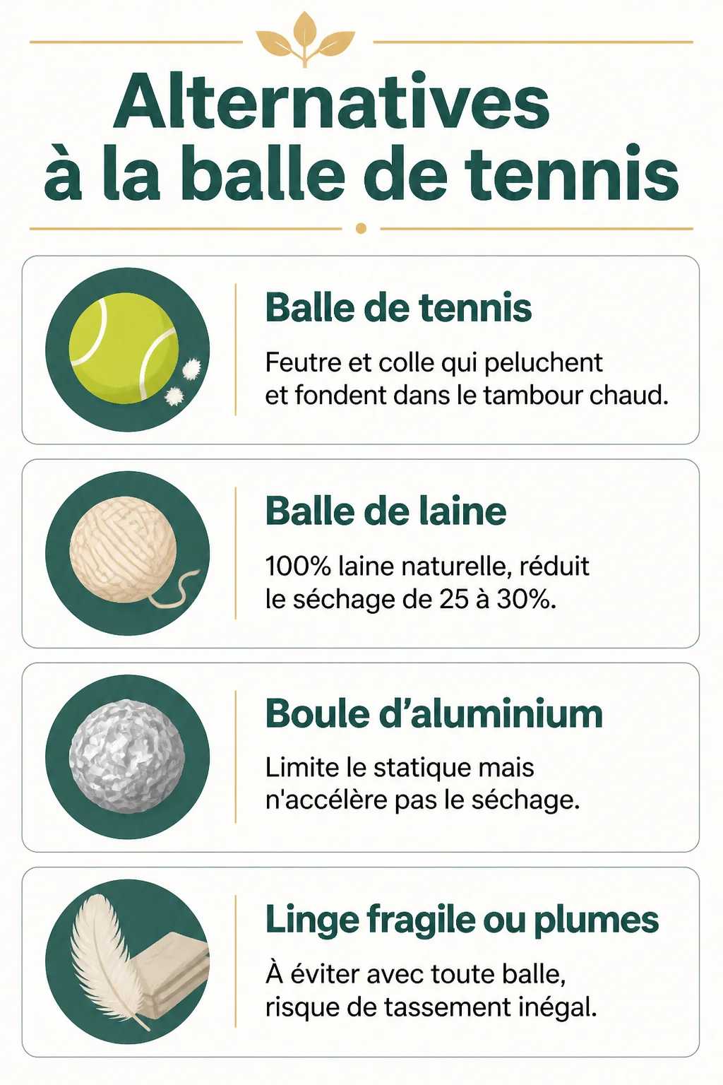 Alternatives à la balle de tennis : Balle de tennis, Balle de laine, Boule d'aluminium, Linge fragile ou plumes