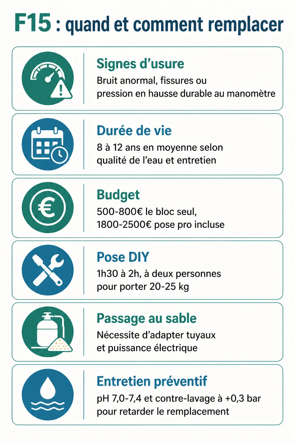 F15 : quand et comment remplacer : Signes d'usure, Durée de vie, Budget, Pose DIY, Passage au sable, Entretien préventif