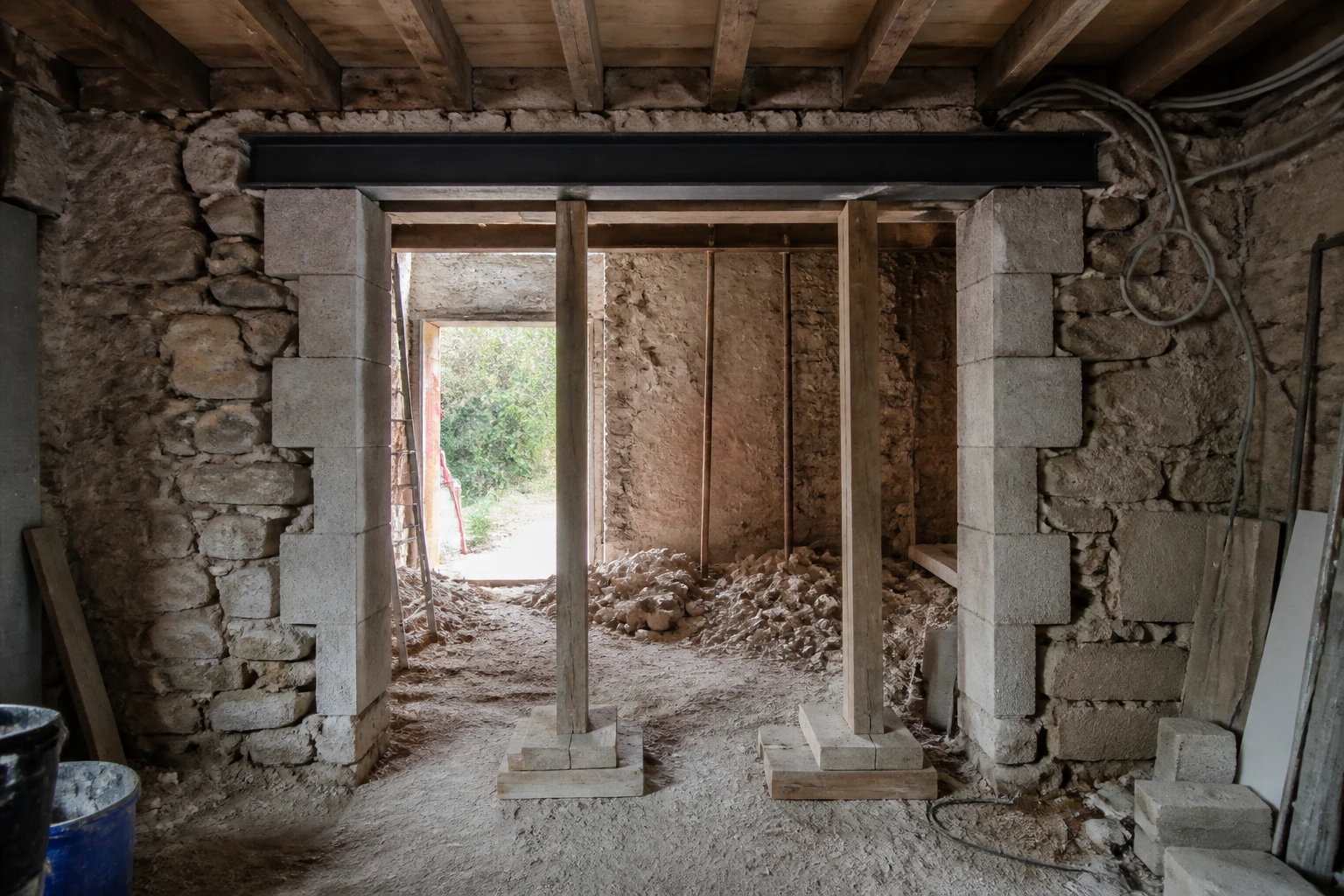 Jambages en pierre taillée soutenant un linteau métallique dans une ouverture de mur porteur en cours de rénovation