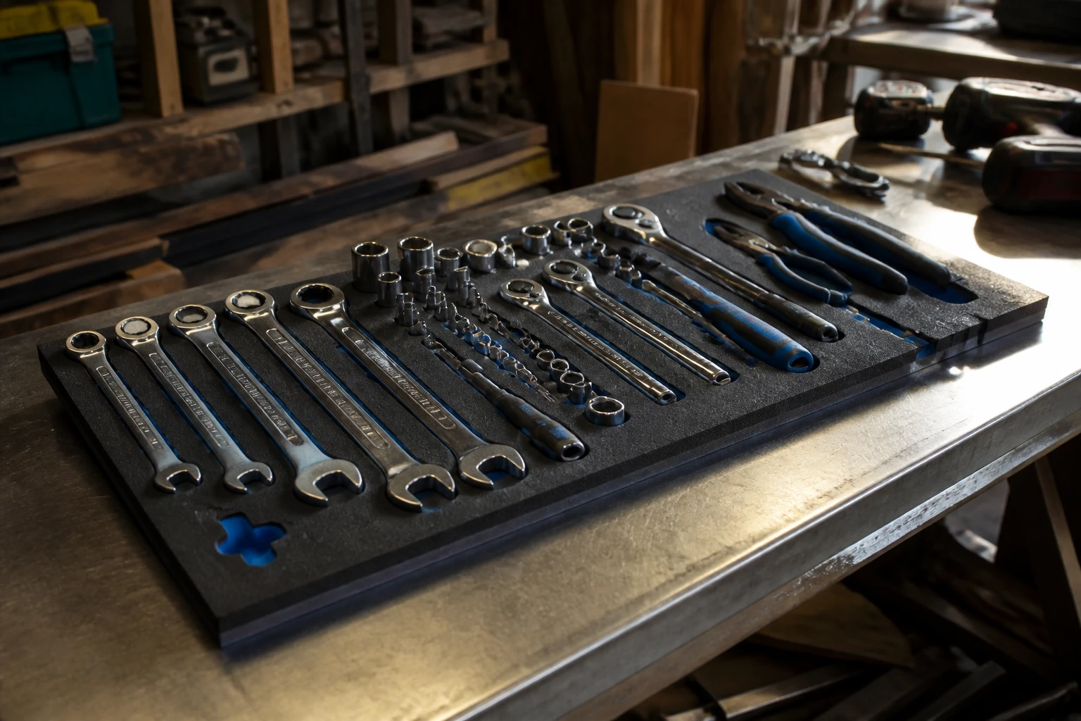 Outillage professionnel haut de gamme rangé sur un établi d'atelier