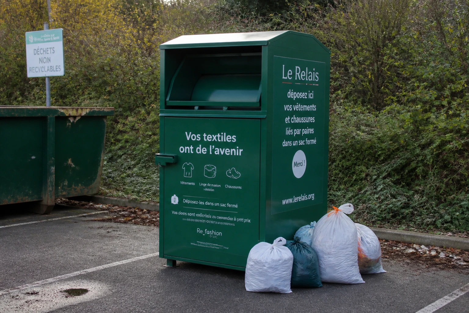 Borne de collecte de vêtements textile installée près d'une déchetterie française