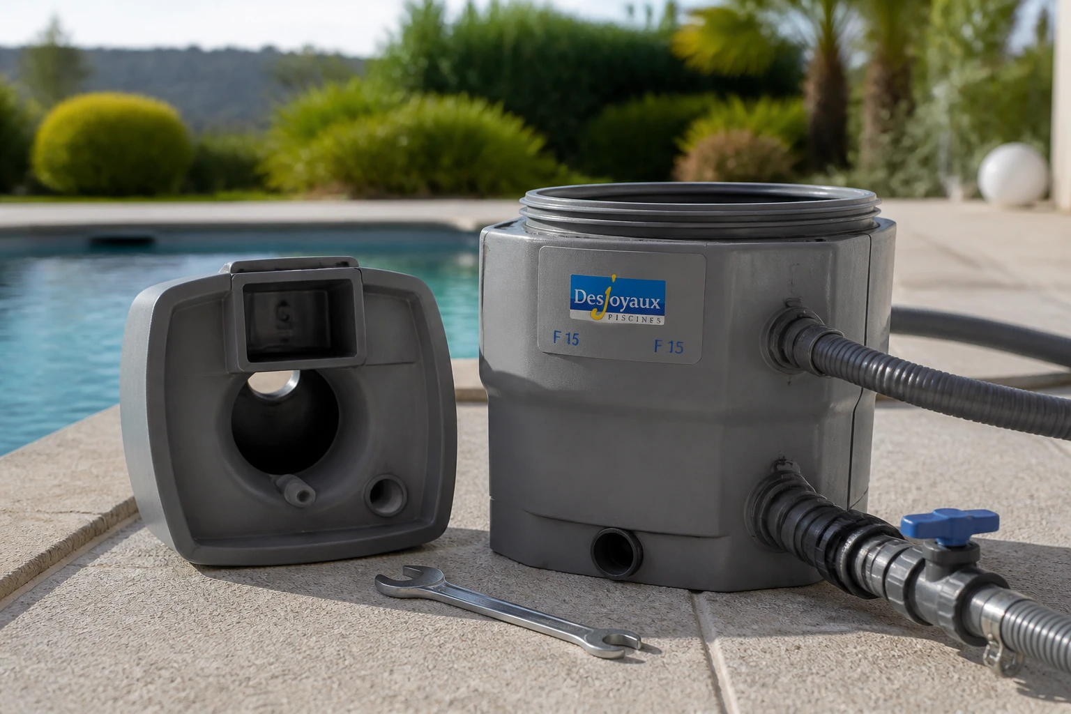 Bloc filtration Desjoyaux F15 démonté au bord d'une piscine avant remplacement