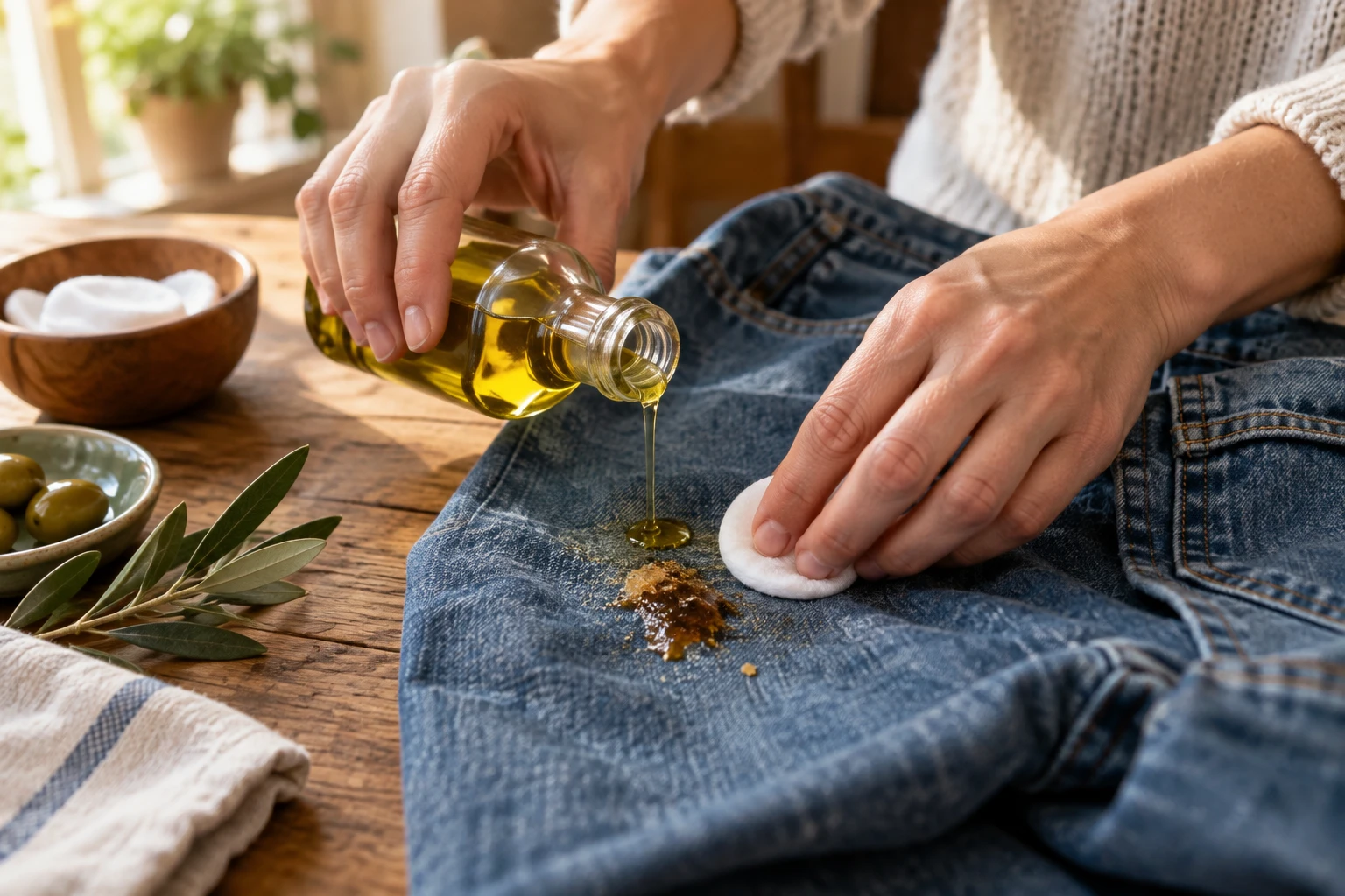 Mains appliquant de l'huile pour enlever une tache de résine sur un vêtement en jean