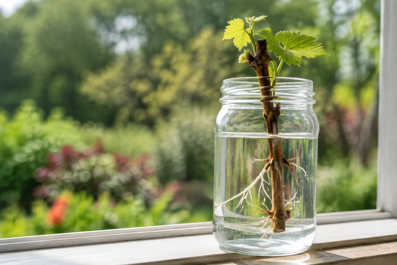 Bouture de vigne dans un bocal d'eau avec racines visibles près d'une fenêtre