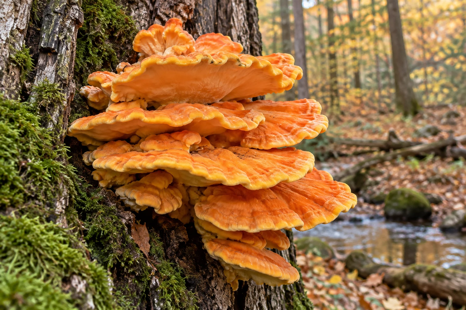 Champignon orange en consoles superposées poussant sur un tronc de bois mort en forêt