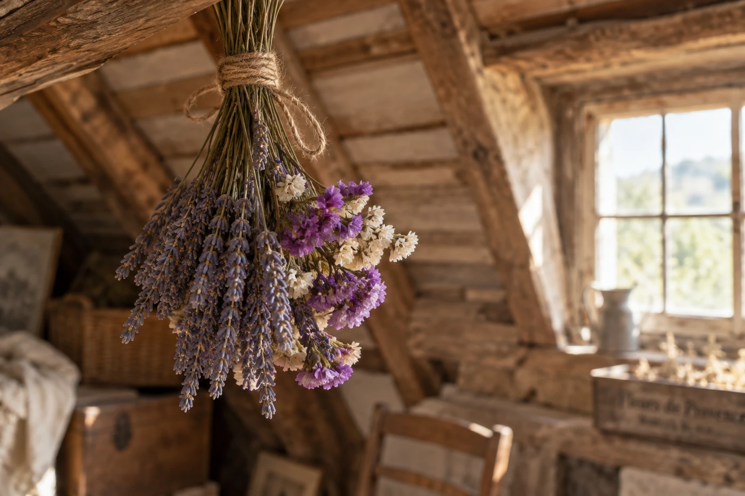 Bouquet de fleurs séchées suspendu tête en bas dans un grenier lumineux