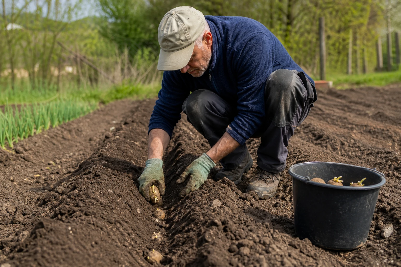 Jardinier plantant des pommes de terre germées dans un sillon de potager au printemps
