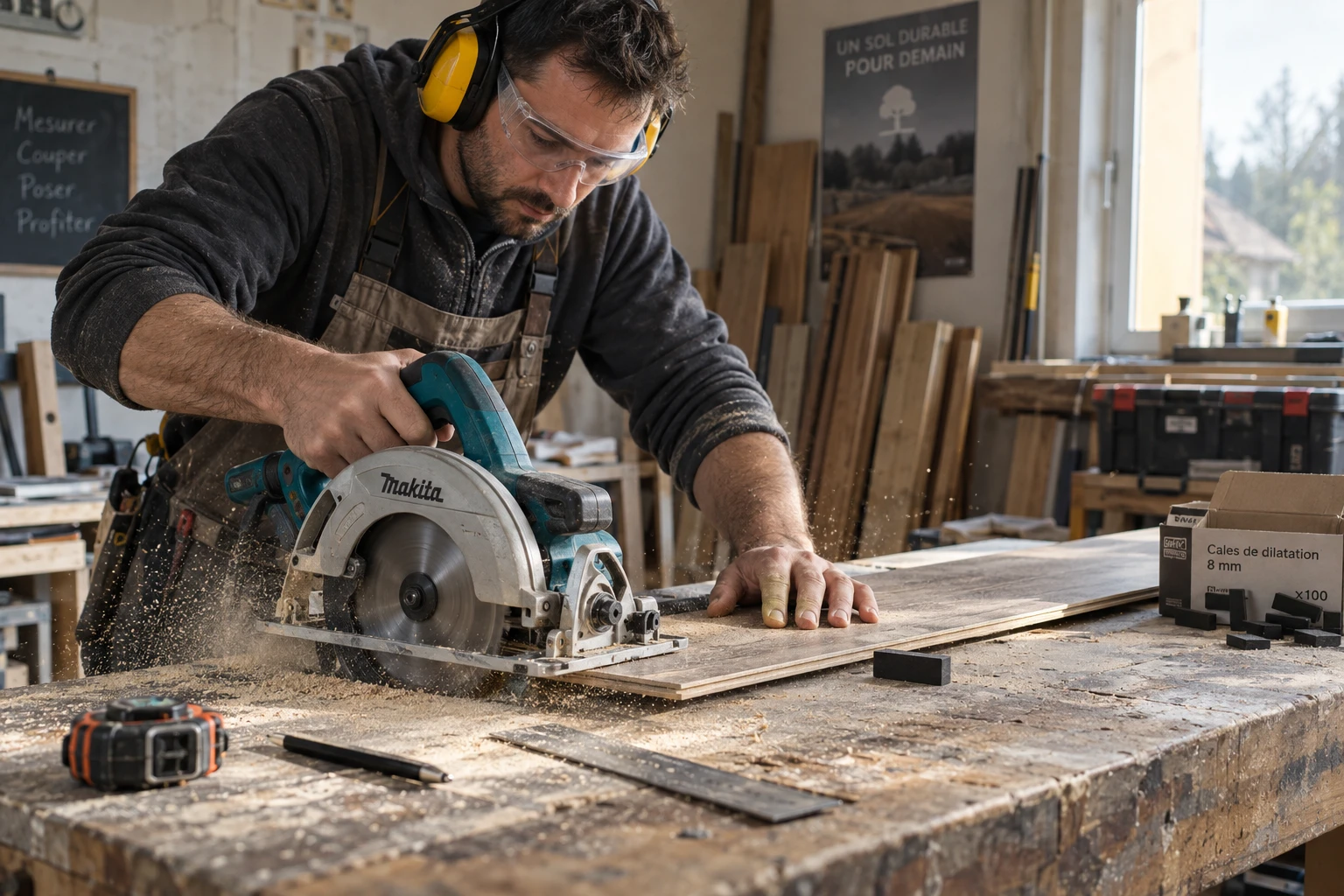 Artisan découpant une lame de parquet avec une scie circulaire sur un établi en atelier