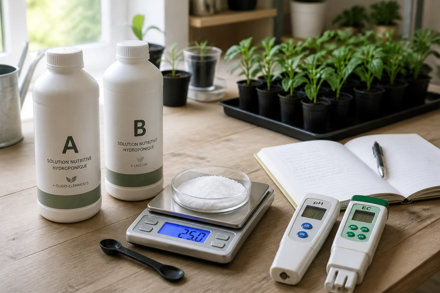 Flacons de solution nutritive A et B avec pH-mètre et EC-mètre pour engrais hydroponique maison