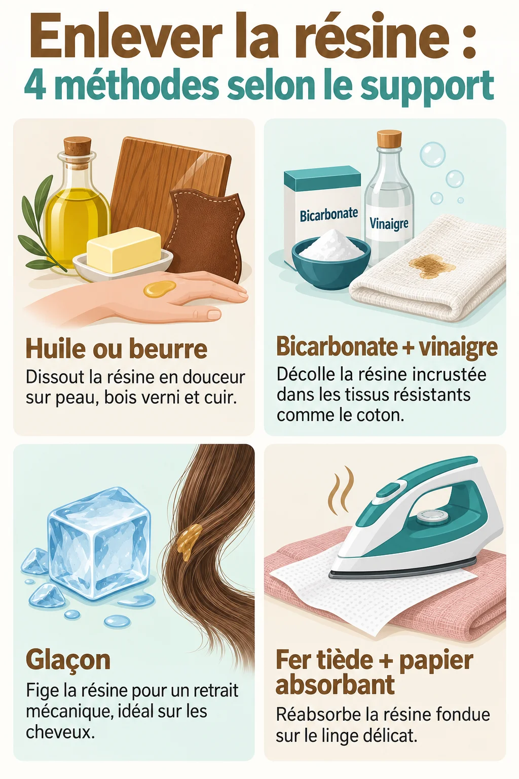 Enlever la résine : 4 méthodes selon le support : Huile ou beurre, Bicarbonate + vinaigre, Glaçon, Fer tiède + papier absorbant