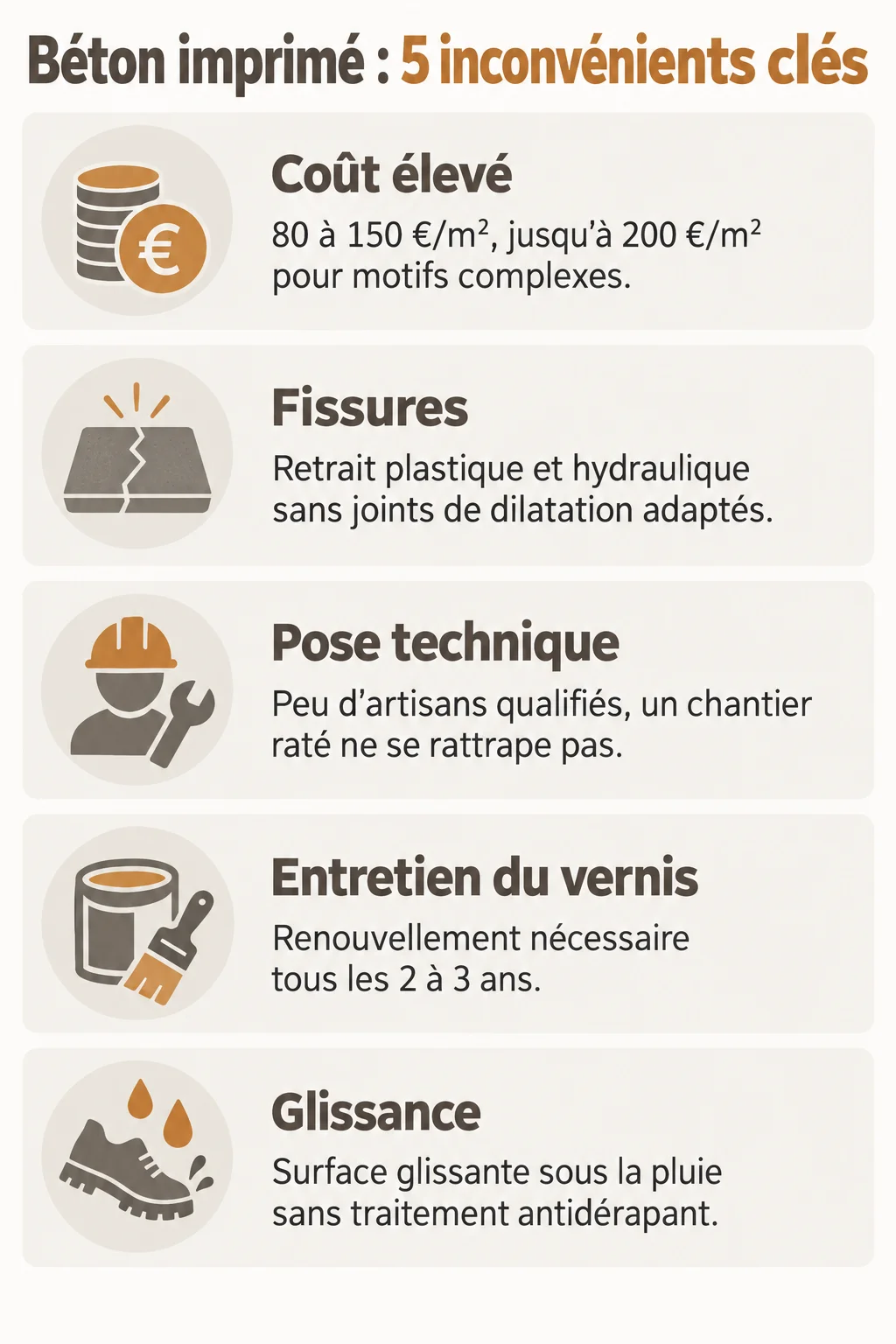 Béton imprimé : 5 inconvénients clés : Coût élevé, Fissures, Pose technique, Entretien du vernis, Glissance