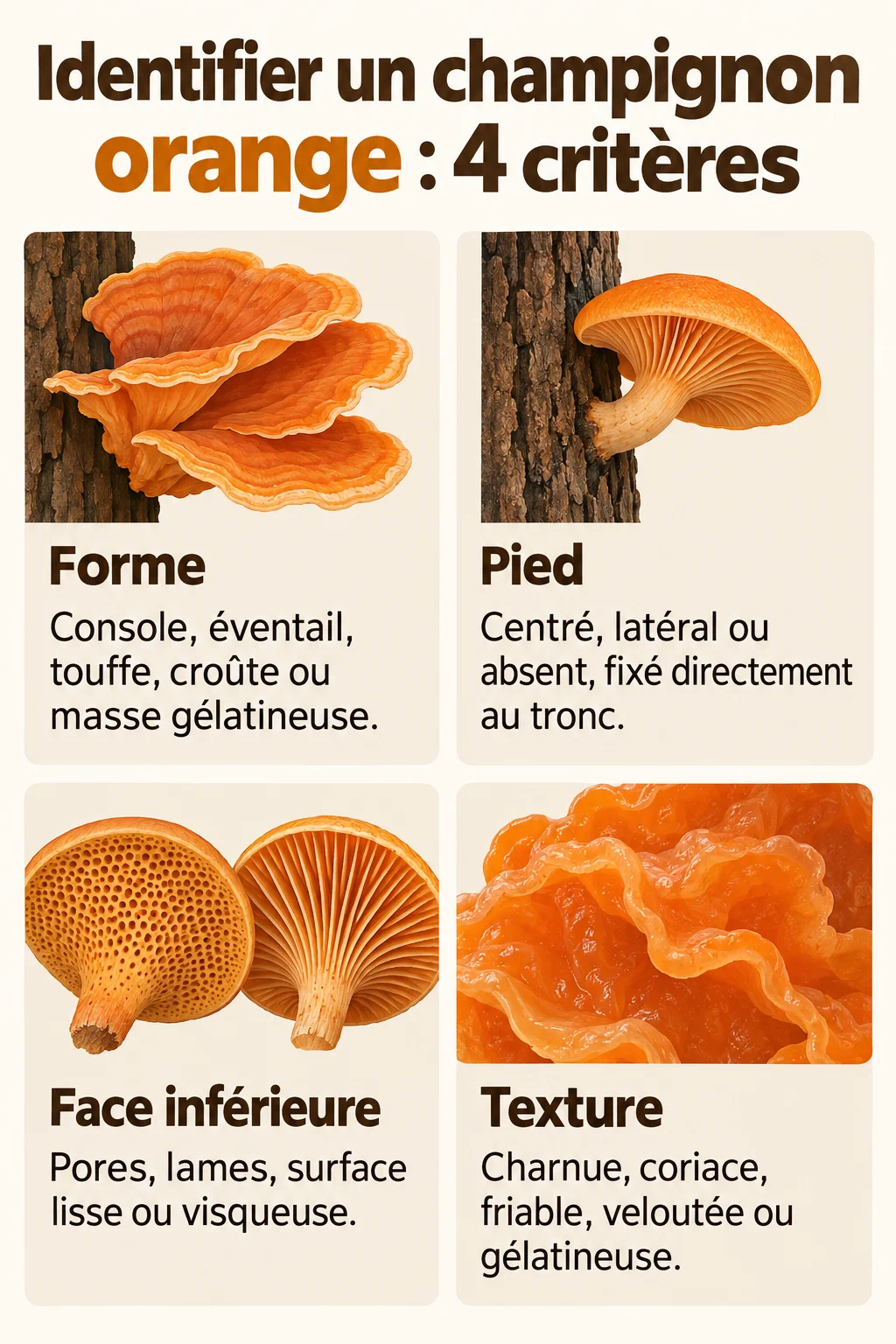 Identifier un champignon orange : 4 critères : Forme, Pied, Face inférieure, Texture