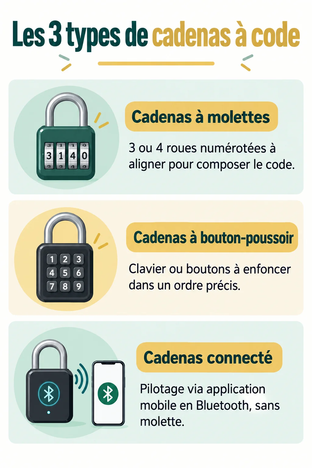 Les 3 types de cadenas à code : Cadenas à molettes, Cadenas à bouton-poussoir, Cadenas connecté