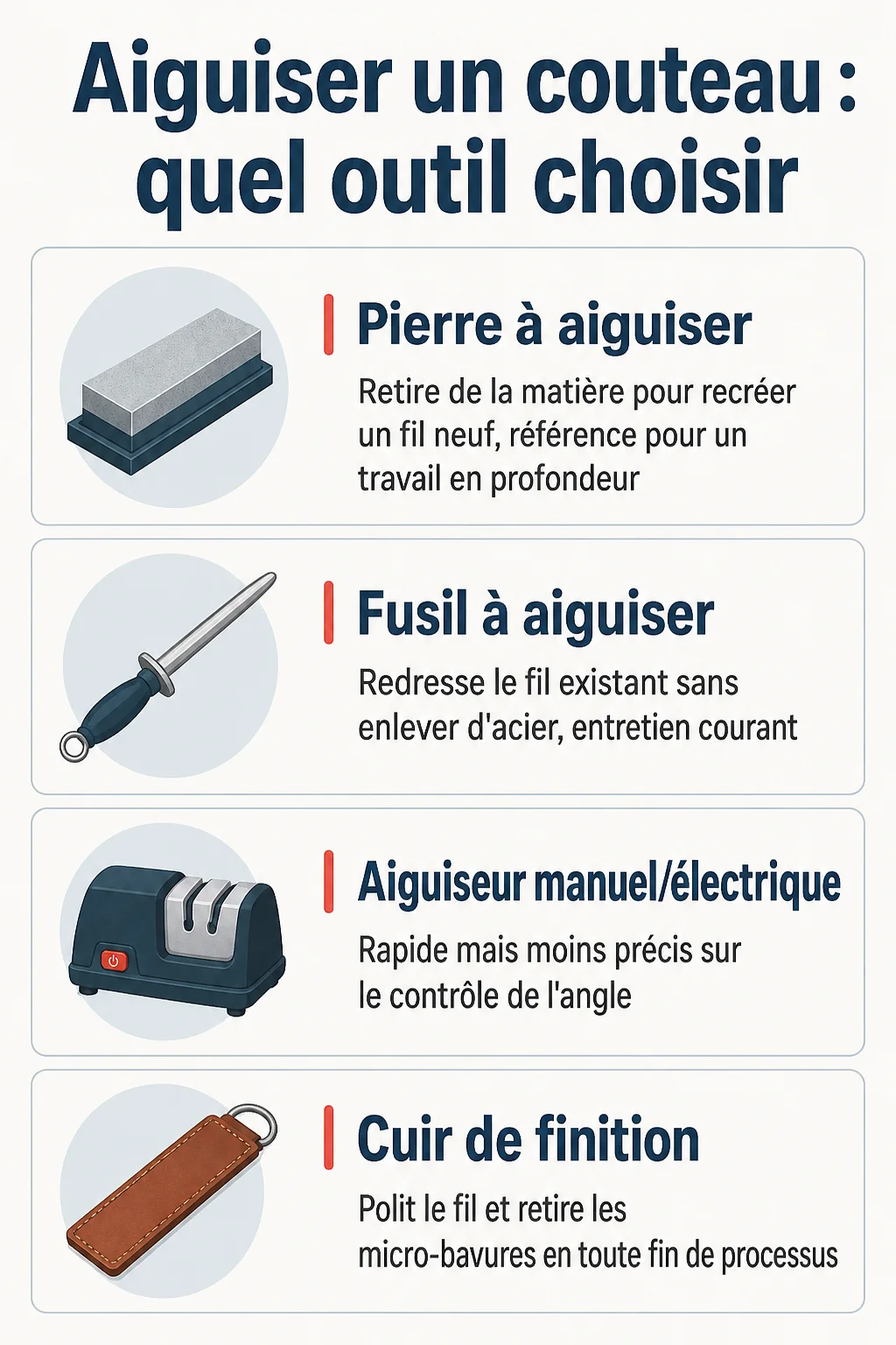 Aiguiser un couteau : quel outil choisir : Pierre à aiguiser, Fusil à aiguiser, Aiguiseur manuel/électrique, Cuir de finition