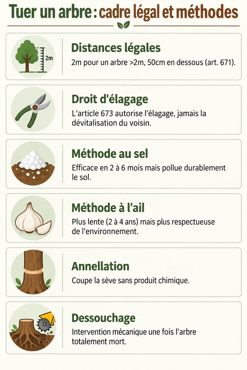 Tuer un arbre : cadre légal et méthodes : Distances légales, Droit d'élagage, Méthode au sel, Méthode à l'ail, Annellation, Dessouchage