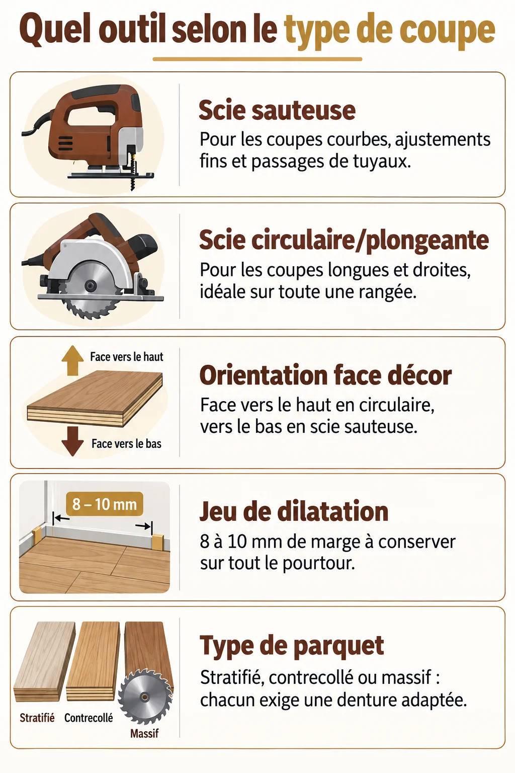 Quel outil selon le type de coupe : Scie sauteuse, Scie circulaire/plongeante, Orientation face décor, Jeu de dilatation, Type de parquet