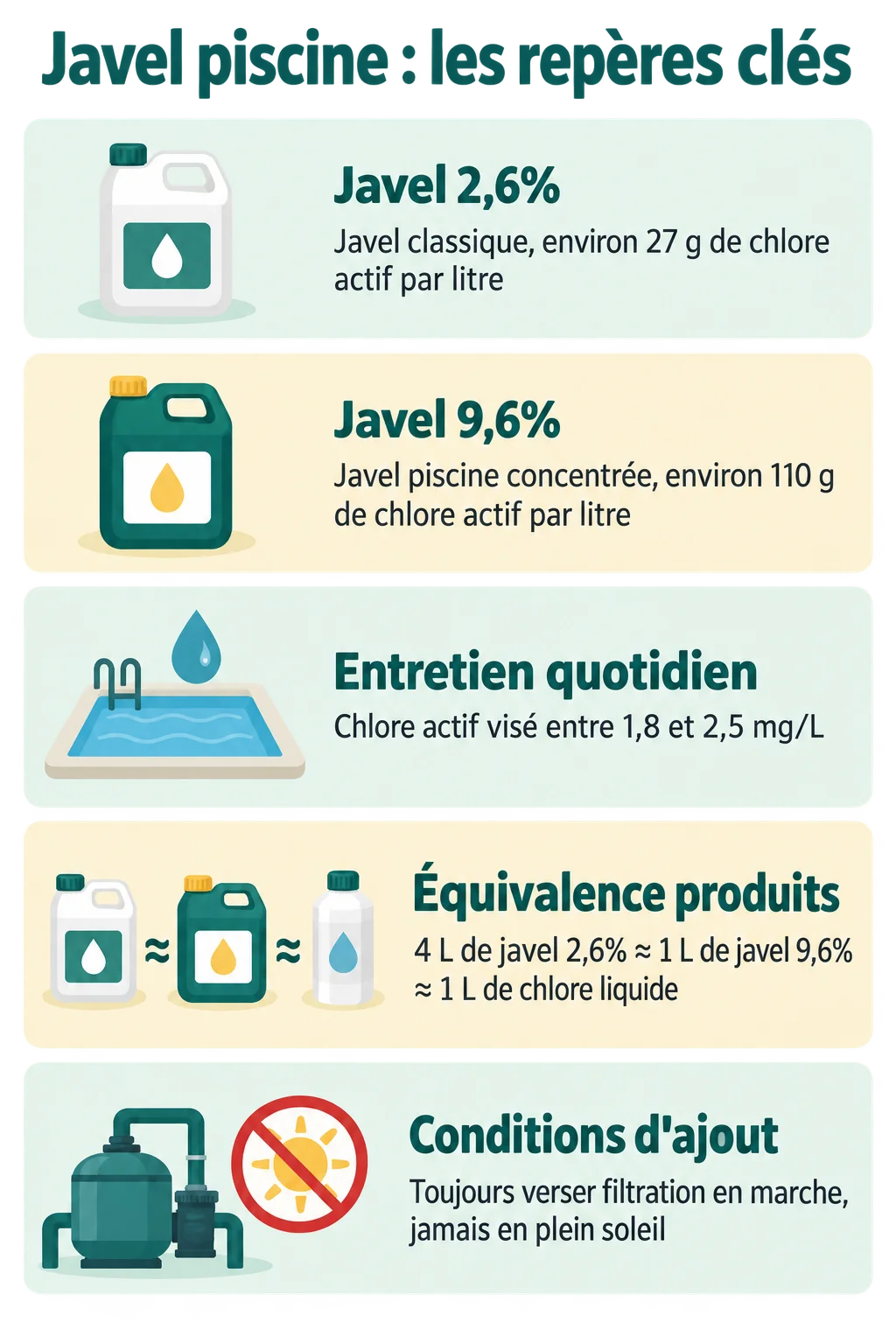 Javel piscine : les repères clés : Javel 2,6%, Javel 9,6%, Entretien quotidien, Équivalence produits, Conditions d'ajout