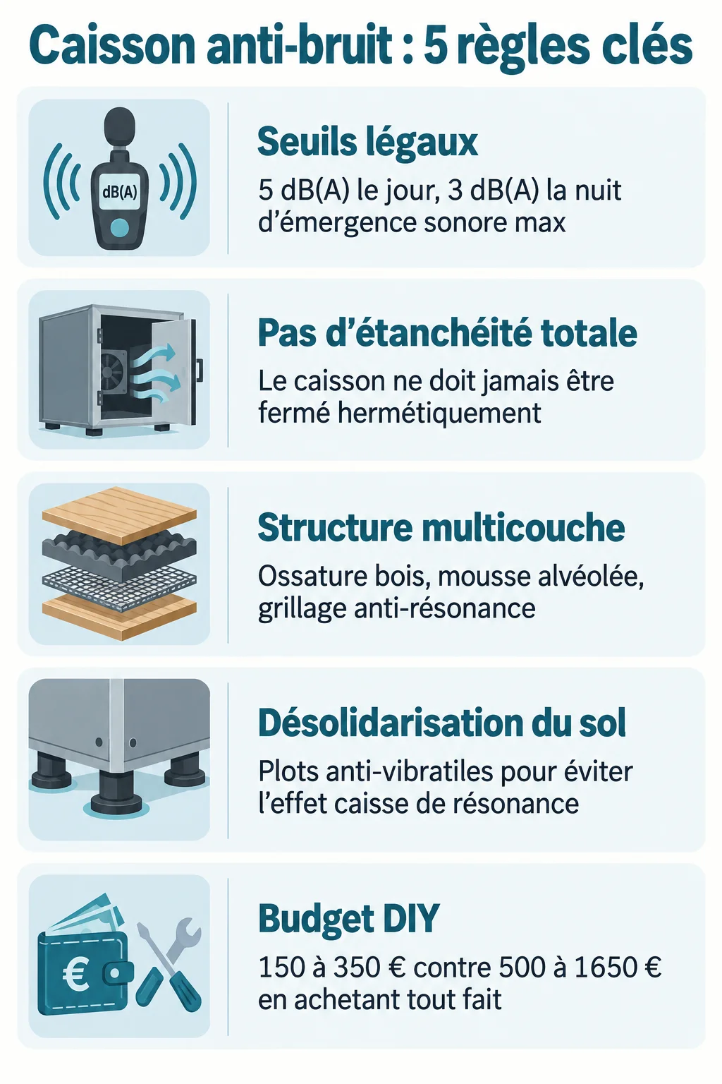 Caisson anti-bruit : 5 règles clés : Seuils légaux, Pas d'étanchéité totale, Structure multicouche, Désolidarisation du sol, Budget DIY
